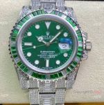 Swiss Replica Rolex Iced Out Submariner Watch 904L Stainless Steel Green Diamond Bezel